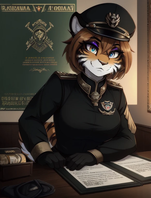 Warhammer_40 thousand_Commissar,((masterpiece)), (Best quality), (detailed), Black uniform, mascara, Eyeliner, eyeshadow, Upper body, pomade, женщина anthro furry tiger, Propaganda poster, wicked, bristle,
 (8k contract, masterpiece, Best quality, High quality, absurdity, ultra-detailed)