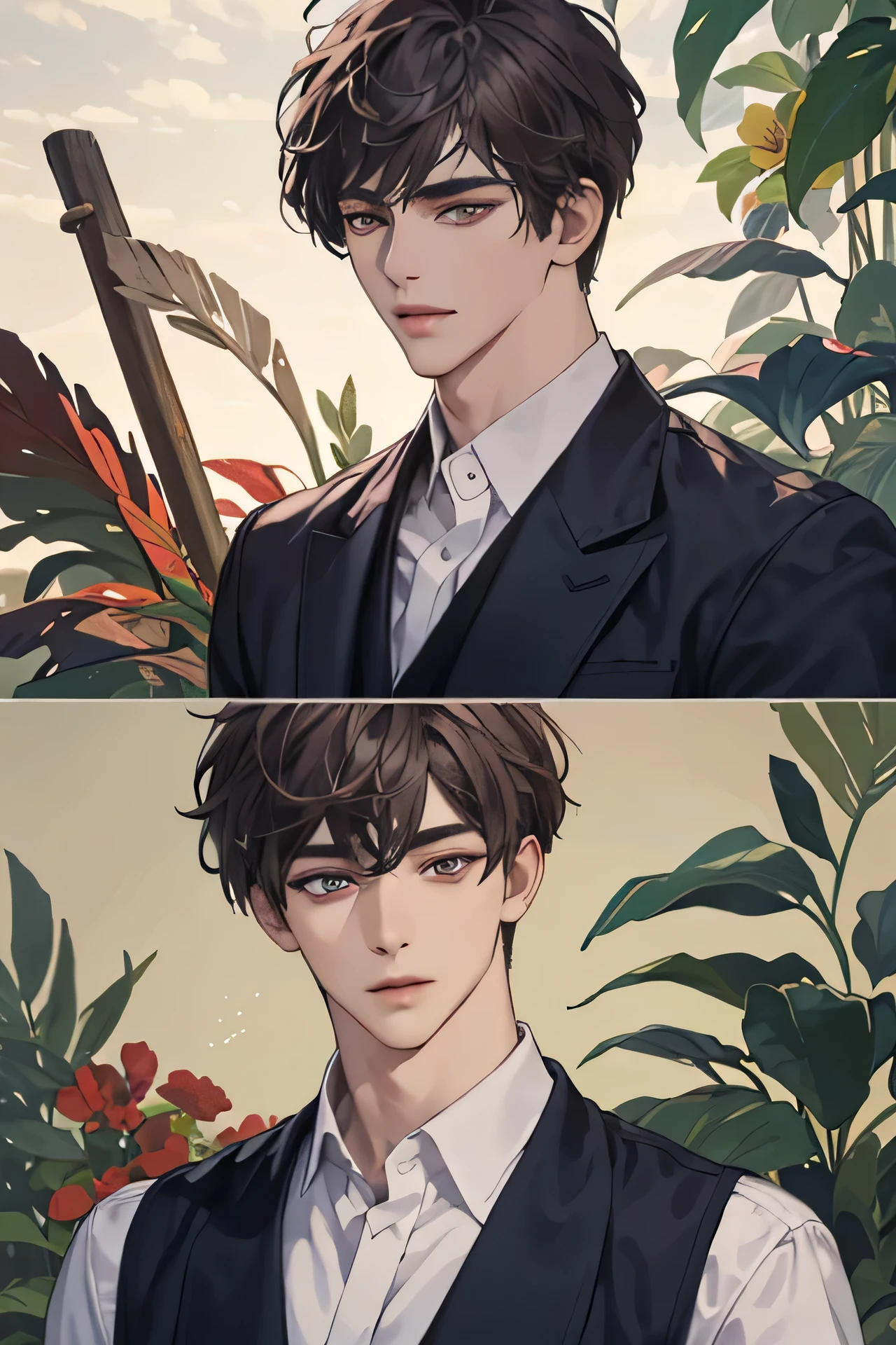 (extremely handsome :1.2), 8K,(masterpiece:1.0),(best_quality:1.0), 1 boy, and intricate detailing, Enlarged textures, and intricate detailing, finely eye and detailed face, and intricate detailing, shiraga, dark brown short hair, (closed straight mouths), Hazel green eyes, Tired eyes, Equal eyes, carolina eyes (A human male) with modern clothing