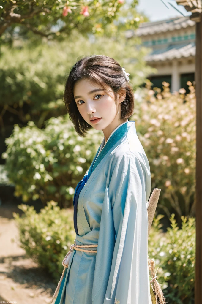 ( masterpiece, top quality, best quality,8k,years old girl,ultra detailed,raw photo:1.5),(photorealistic:1.4), (cinematic lighting), PerfectNwsjMajic, , Surrealism, UHD, ccurate, Super detail, textured skin, High detail, Best quality, dynamic angle, White skin,[Beautiful blue eyes], high nose,(1girl),(good anatomy:0.5)), Dreamy atmosphere,expressive brush strokes, mystical ambiance, Artistic interpretation, a whimsical illustration, Subtle colors and tones, mystical aura, Woman wearing traditional Korean costume,(hanbok:1.3), Joseon dynasty, jeogori,chima,and the po,portrait,(short straight hair:1.5), flower,warm sun, The background is the garden 