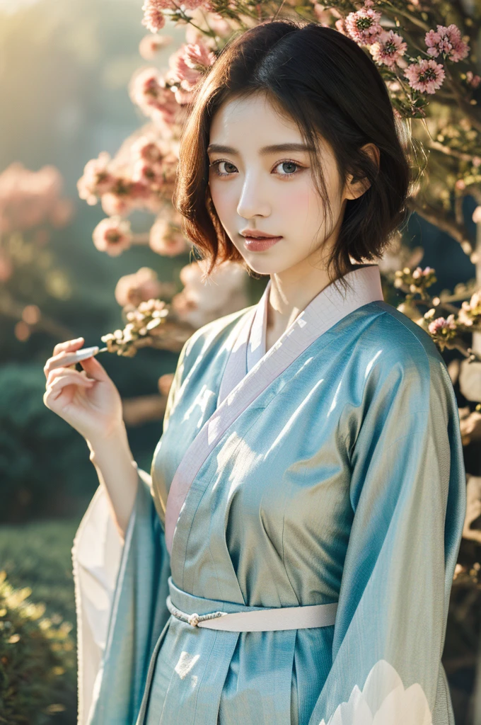 ( masterpiece, top quality, best quality,8k,years old girl,ultra detailed,raw photo:1.5),(photorealistic:1.4), (cinematic lighting), PerfectNwsjMajic, , Surrealism, UHD, ccurate, Super detail, textured skin, High detail, Best quality, dynamic angle, White skin,[Beautiful blue eyes], high nose,(1girl),(good anatomy:0.5)), Dreamy atmosphere,expressive brush strokes, mystical ambiance, Artistic interpretation, a whimsical illustration, Subtle colors and tones, mystical aura, Woman wearing traditional Korean costume,(hanbok:1.3), Joseon dynasty, jeogori,chima,and the po,portrait,(short straight hair:1.5), flower,warm sun, The background is the garden 