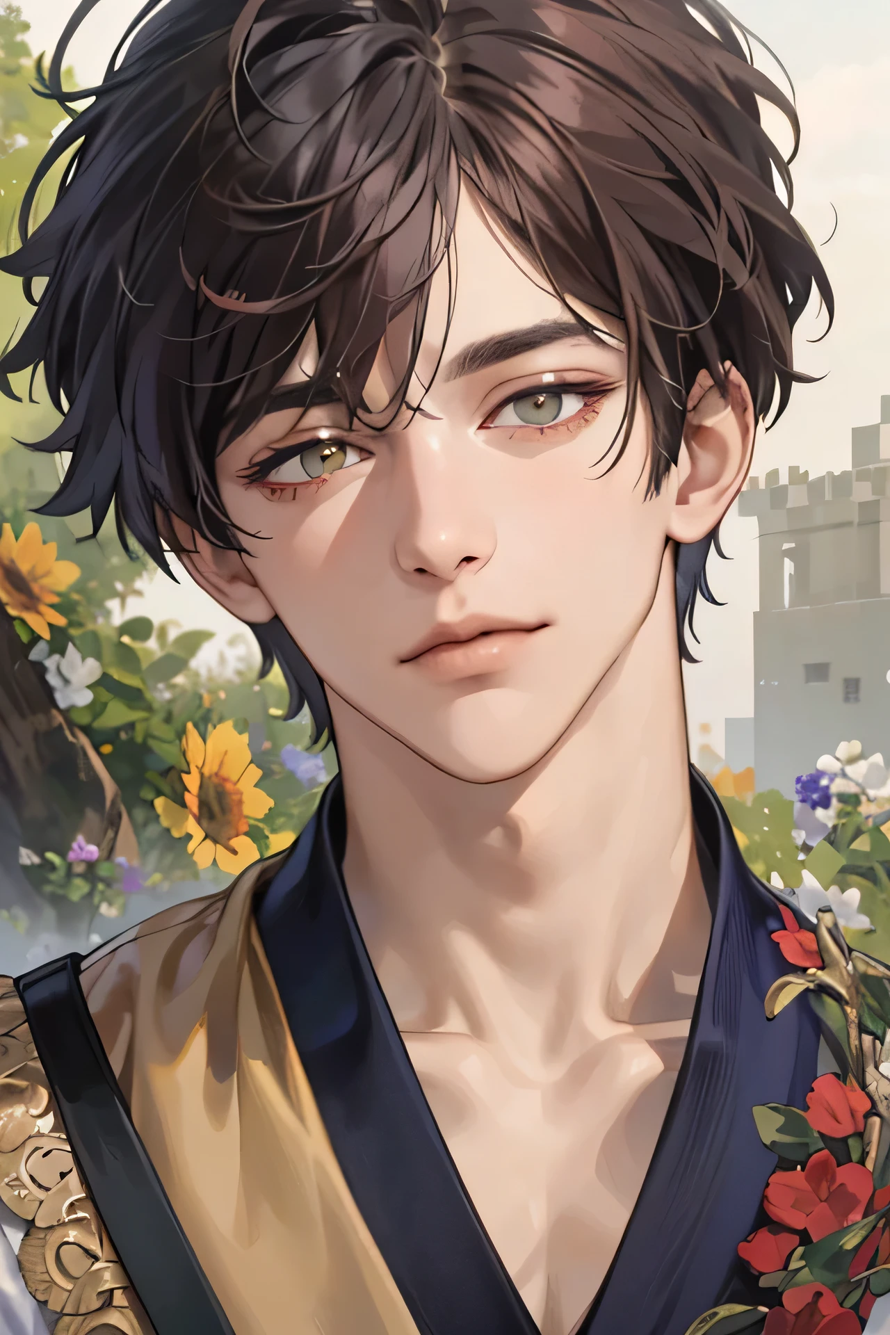 (extremely handsome :1.2), 8K,(masterpiece:1.0),(best_quality:1.0), 1 boy, and intricate detailing, Enlarged textures, and intricate detailing, finely eye and detailed face, and intricate detailing, shiraga, dark brown short hair, (closed straight mouths), Hazel green eyes, Tired eyes, Equal eyes, carolina eyes (A human male) with modern clothing