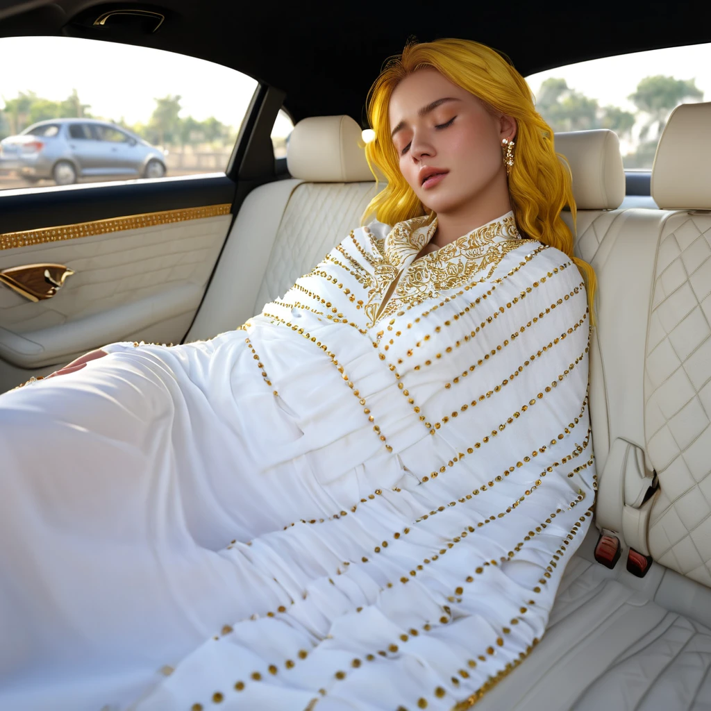 ((Masterpiece)), ((Best Quality)), 8K, HD, Super Detail, (Woman), (White dress studded with yellow gold rims), (Golden hair shawl scattered), (Expression closed eyes) (Sleeping in a car 1.6) (Full Body Display 1.4) The artwork is a masterpiece, with the best quality and super detail, captured in 8K HD. Photographic realistic, realistic, very detailed illustrations realistic, octane rendering