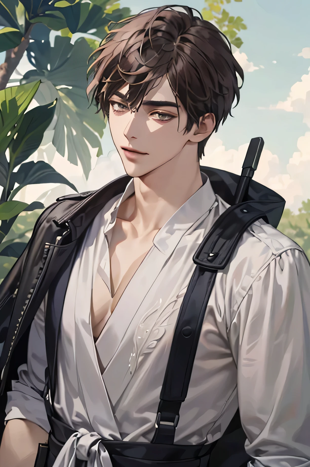 (extremely handsome :1.2), 8K,(masterpiece:1.0),(best_quality:1.0), 1 boy, and intricate detailing, Enlarged textures, and intricate detailing, finely eye and detailed face, and intricate detailing, shiraga, dark brown short hair, (closed straight mouths), Hazel green eyes, Tired eyes, Equal eyes, carolina eyes (A human male) with modern clothing