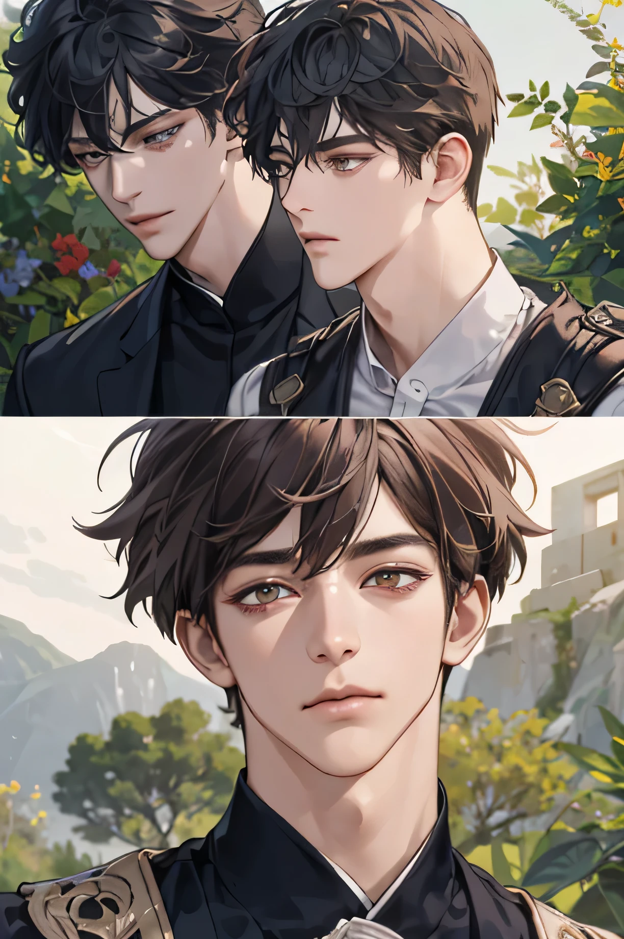 (extremely handsome :1.2), 8K,(masterpiece:1.0),(best_quality:1.0), 1 boy, and intricate detailing, Enlarged textures, and intricate detailing, finely eye and detailed face, and intricate detailing, shiraga, dark brown short hair, (closed straight mouths), Hazel green eyes, Tired eyes, Equal eyes, carolina eyes (A human male) with modern clothing