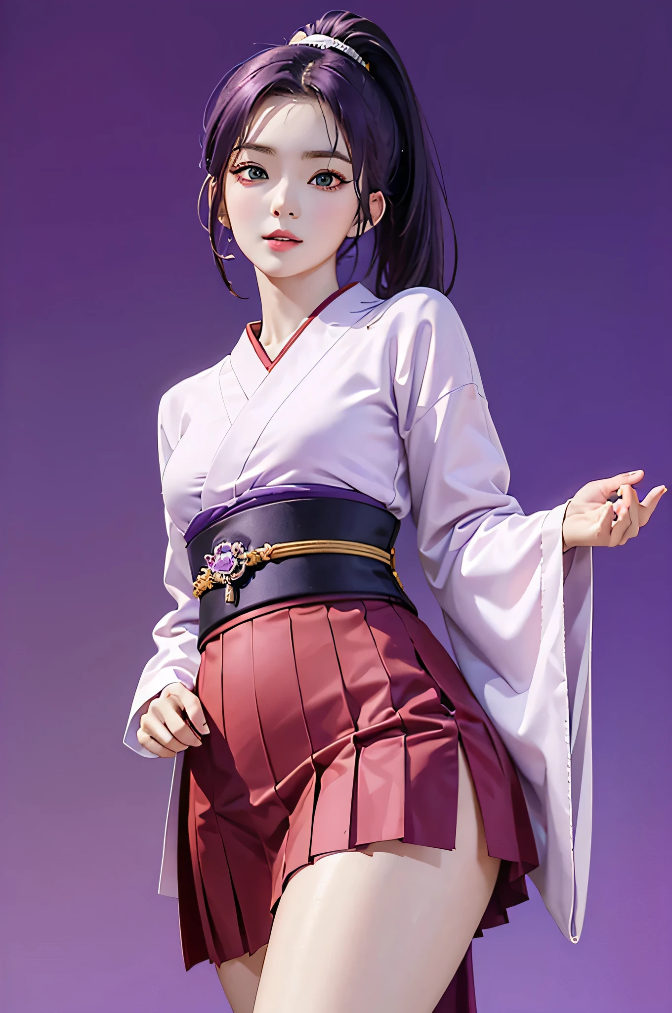 (Finest quality)),(A high resolution),(ultra-detailed art),(Meticulous portrayal),((Best Anime)),(Finest works of art),sharpness,Clear,Ultra-Precision Art,The art of astounding depiction,(masterpiece),

short Hair ponytail, short ponytail, purple hair, vibrant purple hair, extremely detailed hair, detailed bangs, with bangs, 
pretty face, beautiful lips, soft lips,pretty face, close up face,serious face, pretty nose, beautiful nose,
pretty eyes, beautiful eyes, detailed eyes, perfect eyes, green eyes,

happy, jolly, smiling,

clear skin,white skin, soft skin,  small bust, small breasts, smooth skin,
korean girl, korean beauty, irene, red velvet irene, 
purple skirt, detailed purple skirt, purple mini skirt, female samurai clothes, female samurai top, ronin clothes, japanese hakama,  samurai, ronin, bra, long clothes until arms, kimono,

cool pose, full body, detailed thighs, detailed legs,
super high-angle shot, no background,looking at camera,

