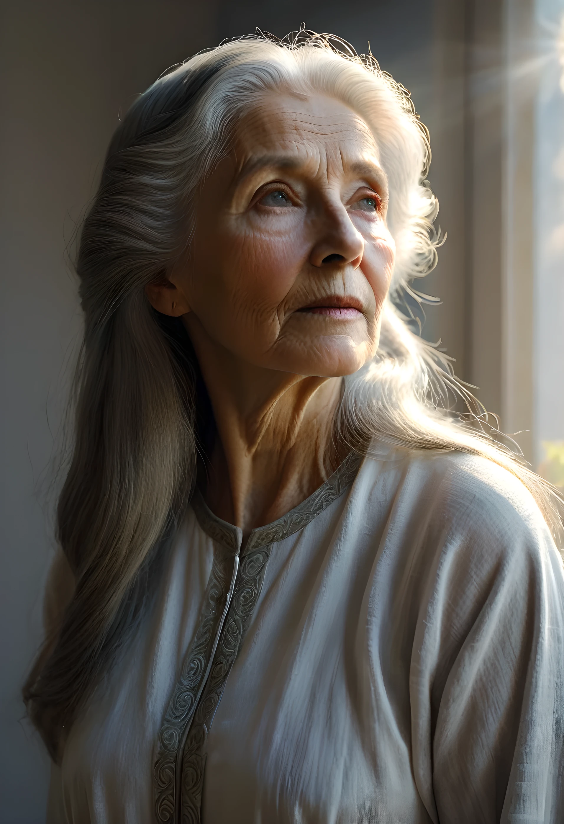 a person,an elderly woman,standing in a room,window light,jesus light,glowing hair,looking up,Mikhail Nesterov style,soft white and light grey,photography,muted colors,(best quality,4k,8k,highres,masterpiece:1.2),ultra-detailed,(realistic,photorealistic,photo-realistic:1.37),HDR,UHD,studio lighting,ultra-fine painting,sharp focus,physically-based rendering,extreme detail description,professional,vivid colors,bokeh