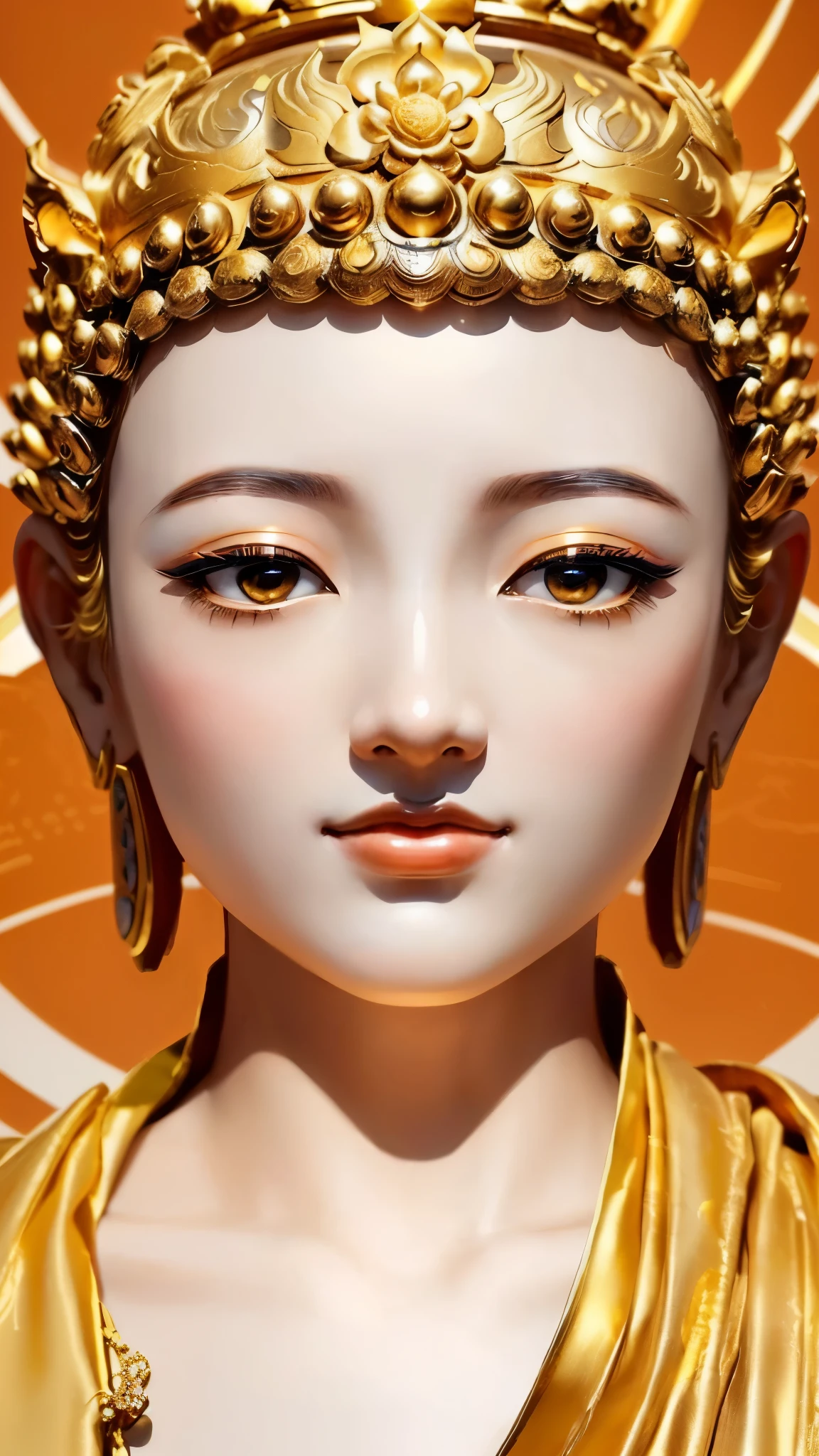 Close up of a female statue with a golden headdress, Guanyin, nice images,脖子有衣服 Buddha教徒 art, 3d goddess portrait, contented female Buddha, Buddha教徒, Buddha教, Buddha, Beautiful rendering of the Tang Dynasty, Goddess closeup portrait, Chinese Beauty, A Stunning Portrait of a Goddess, Buddha