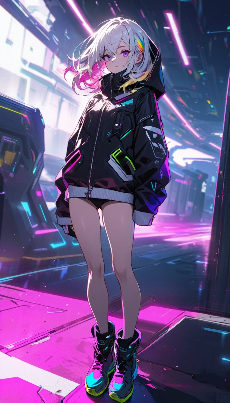 Handsome, Solitary, 1 female, Medium Length Hair, white hair, Rainbow hair, Purple Eyes, Black and white hood, Futuristic, Cyberpunk, Cybernetics,Bare legs