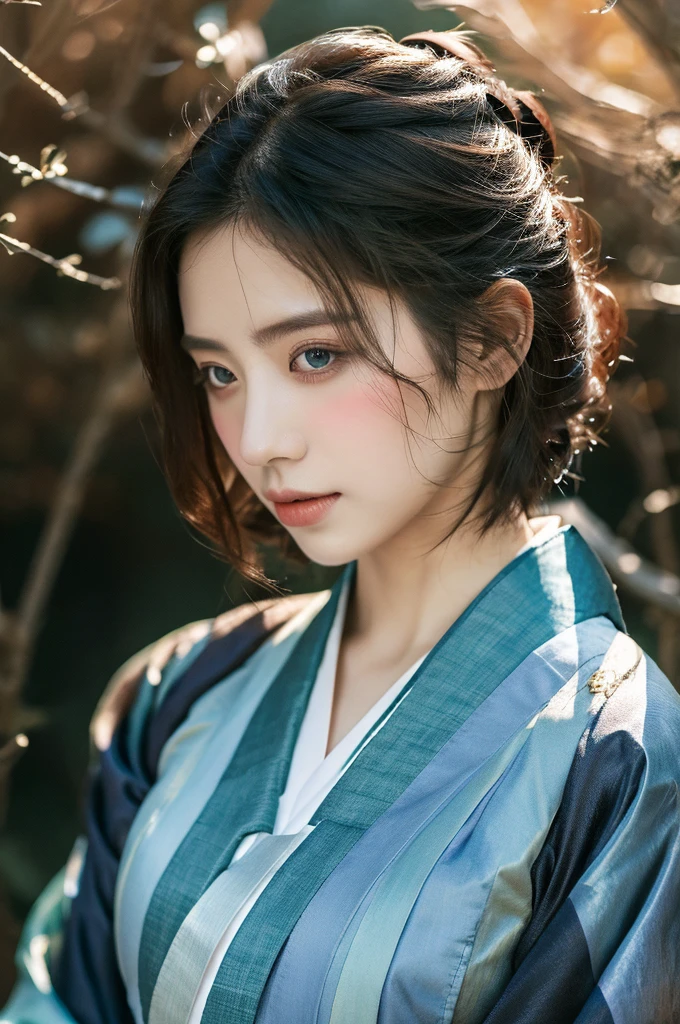 ( masterpiece, top quality, best quality,8k,years old girl,ultra detailed,raw photo:1.5),(photorealistic:1.4), (cinematic lighting), PerfectNwsjMajic, , Surrealism, UHD, ccurate, Super detail, textured skin, High detail, Best quality, dynamic angle, White skin,[Beautiful blue eyes], high nose,(1girl),(good anatomy:0.5)), Dreamy atmosphere,expressive brush strokes, mystical ambiance, Artistic interpretation, a whimsical illustration,dark, Subtle colors and tones, mystical aura, Woman wearing traditional Korean costume,(hanbok:1.3), Joseon dynasty, jeogori,chima,and the po,portrait, assassin, small knife, strong,shiny skin , (short straight hair:1.5), The background is the garden , Lake ,