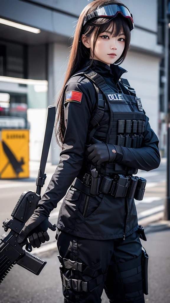Police soldier woman, swat vest, black gloves, swat helmet head, behind long hair, ninja full mask, grip assault ak74,