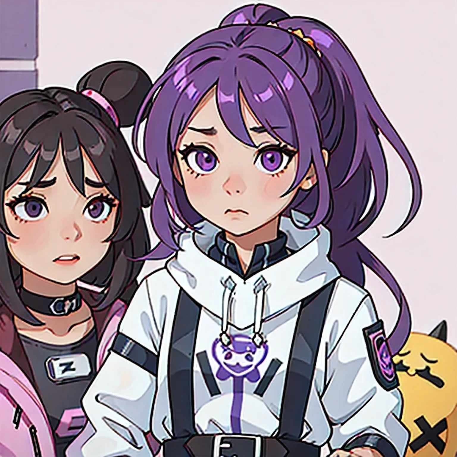 Clay effect,(((2 girls)))Purple and white hair,Double ponytail,16,arafed (((Telephoto Tilt-Shift))) in shiny shirt with ponytail and ponytail in front of purple wall, a cartoon girl with a purple hair and a white top, advanced digital chibi art, chibi monster girl, character art of maple story, chibi, kda, chibi art, official character art, maplestory mouse, hero 2 d fanart artsation, portrait of jinx from arcane, , maple story gun girl, cute cyber gods, chibi girl, official artwork,portrait sophie mudd, girl silver ponytail hair, alexandra fomina, wearing shiny breastplate, wearing futuristic, wearing leotard, metallic torso, wearing futuristic clothing, julia gorokhova, chrome bodysuit, soft portrait shot 8 k, cyborg fashion model
