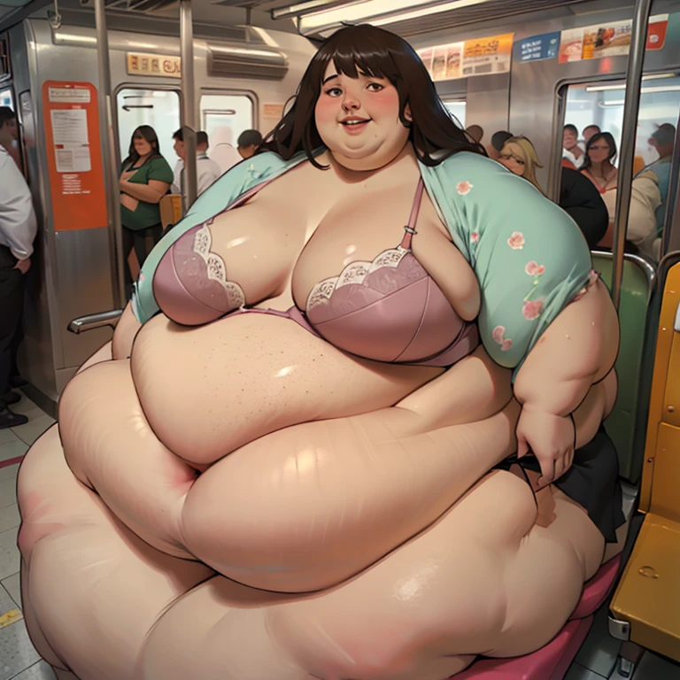 masterpiece, best quality, absurdres, detailed, realistic, beautiful young asian woman, USSBBW, (morbidly obese:1.8), shy smile, (realistic detailed face), gigantic belly, huge lips, shy, (bursting shirt), pink bra, skirt, subway train, sitting down