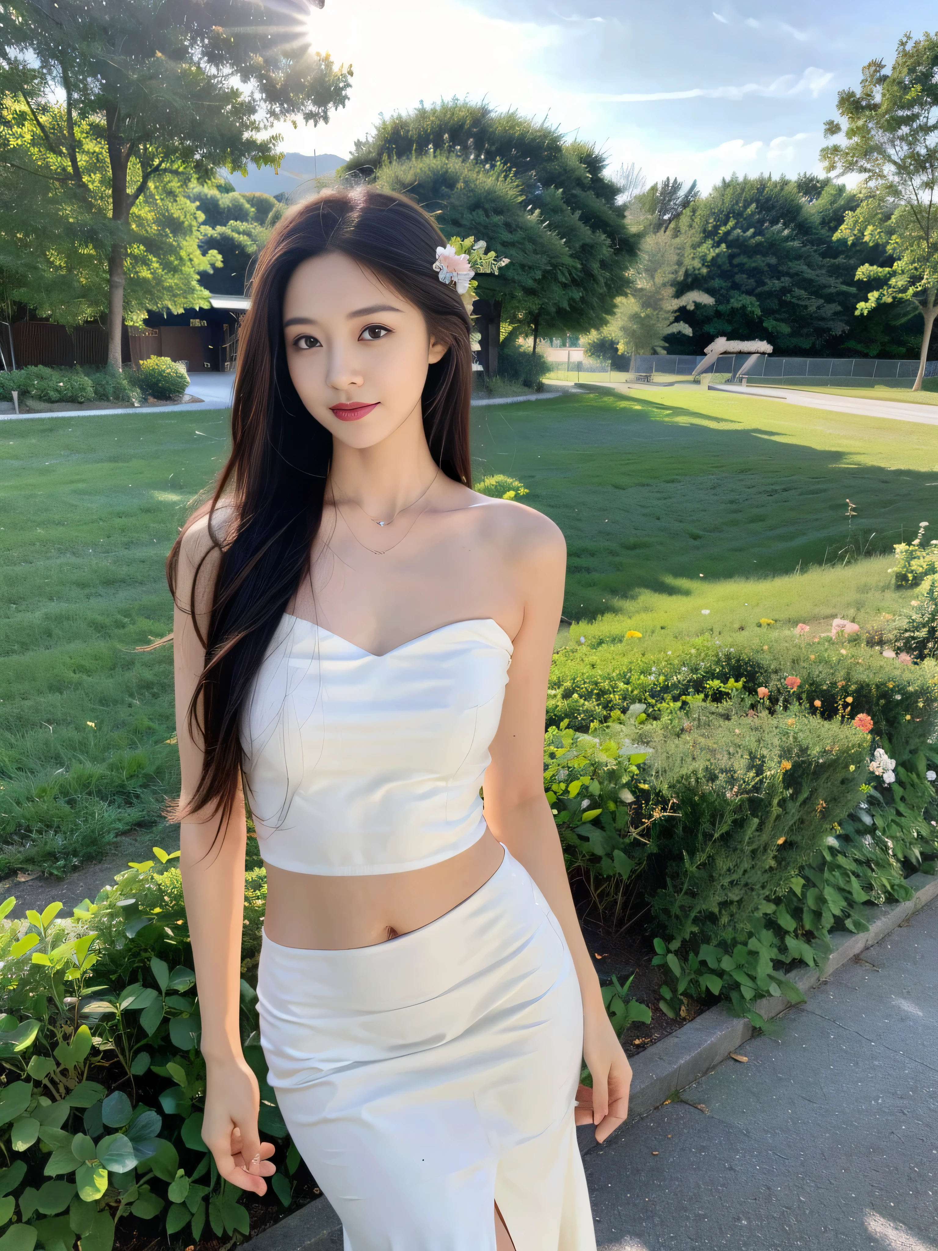 ,masterpiece, best quality,8k, ultra highres,Reallightandshadow,Cinema lenses,(beautidful eyes:1.1), ((The scene is,The upper part of the body)),dynamicposes,On a green meadow,A gentle goddess came with a gentle step。She wore a white dress,A gentle breeze blows,The skirt dances lightly。The sun shines through the leaves on her hair,Reflecting her clear eyes and gentle smile。Colorful butterflies flew around her,Flowers bloomed at her feet,It was as if nature was cheering for her。