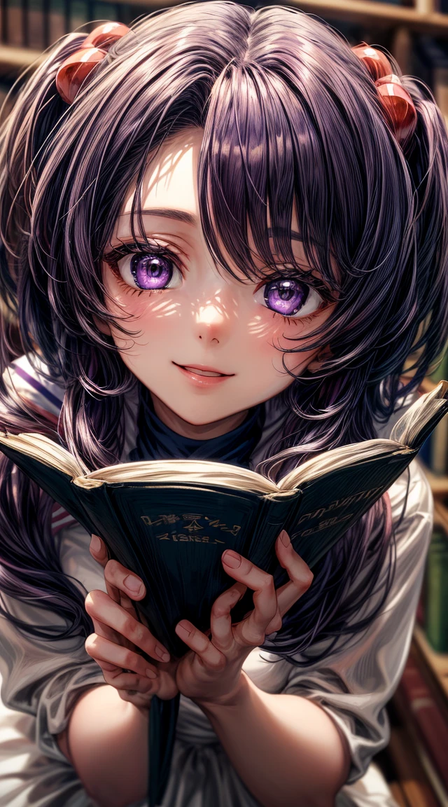 anime art, (masterpiece, best quality, perfect face, highest detailed face, colorful), 1girl. (((Kotomi))), face focus, full body, (((white dress:1.2))), purple hair, purple eyes, slight smile, beautiful eyes, looking at viewer, library at background, sunlight passing through hair, (extreme detailed, intricate details, cozy light)
