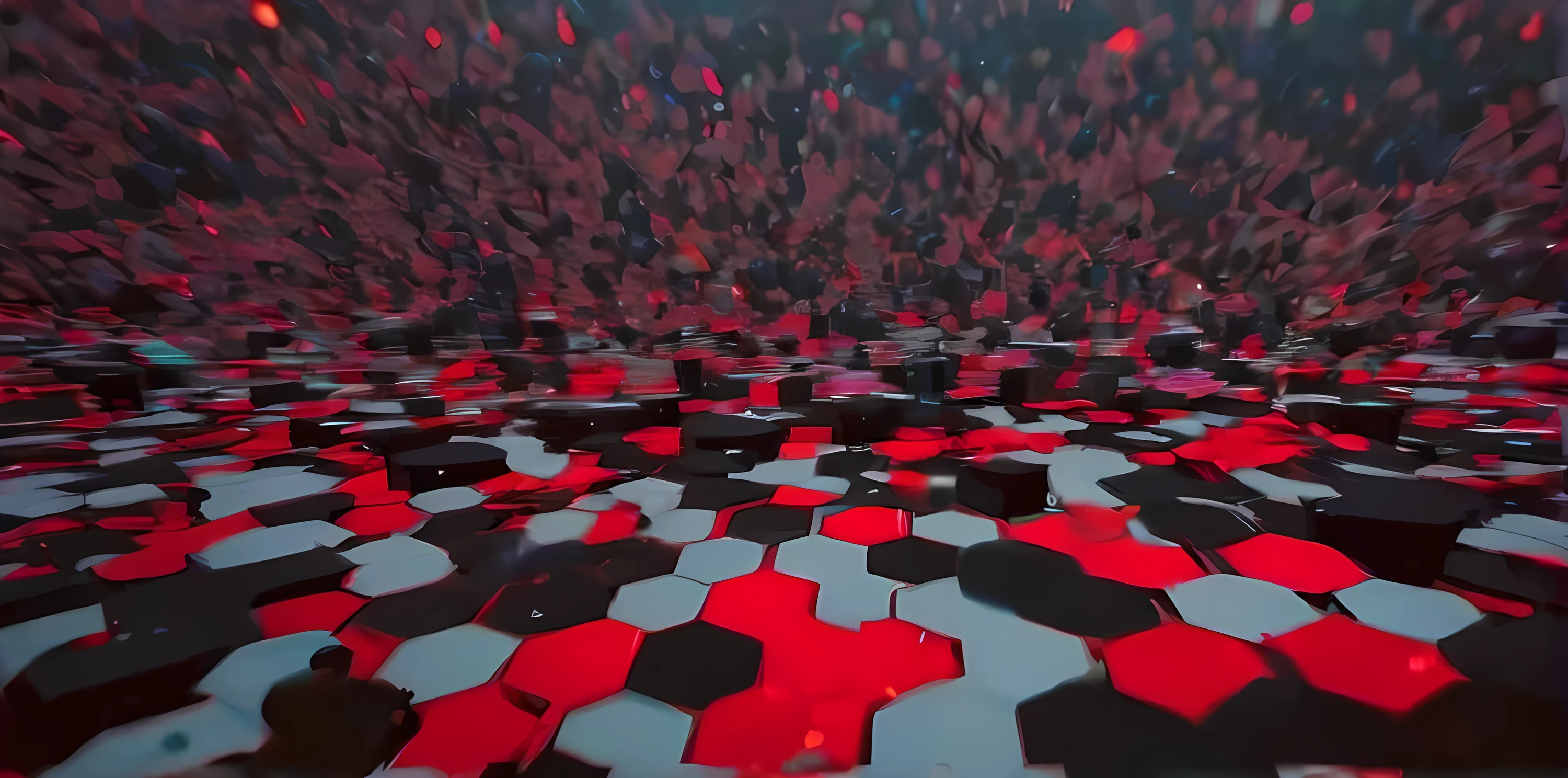 A grid composed of red and black hexagons, densely packed and surging, animation style, bird's eye view