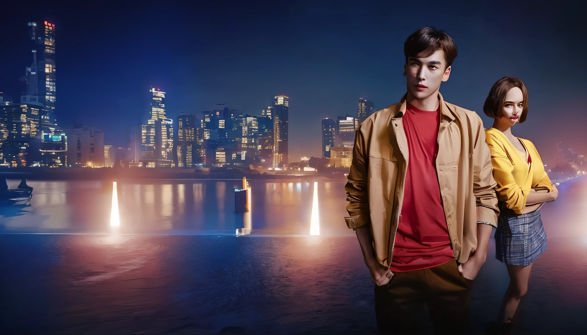 The background is a night city。A man wearing a red T-shirt and a light brown jacket。On the right is a woman with short hair wearing a yellow shirt。