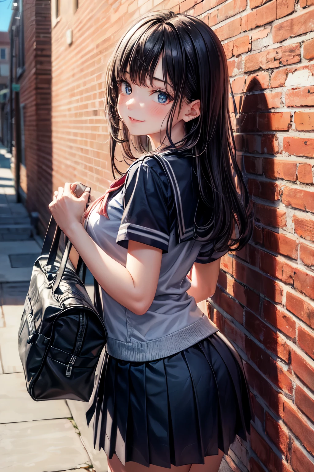 very cute and beautiful girl,(highly detailed beautiful face and eyes),(smile),shy,blush,looking at viewer,
black hair,serafuku,short sleeve,(pleated navyblue mini skirt),standing,holding school bag,
town street,front of brick wall,pink building,
(best quality,masterpiece),absurdres,highres,ultra-detailed,extremely detailed,32k,8k resolution,
intricate details,cinematic scene,detailed background,solo,dynamic angle,perfect hands,