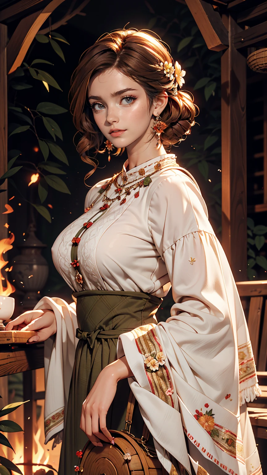 Luma is a gracious person, She is beautiful、Has a strong attitude, Her breasts are voluminous, Feminine pear-shaped silhouette, Auburn Hair, long Auburn Hair, She has expressive eyes, ( Eyes are olive green) Her skin turns white、Light freckles on the cheekbones。, Big Breasts, farm, Brown rustic clothing, Bohemian style clothing, farm bohemian fashion clothes, Romantic atmosphere, The Light of the Fire, The fire shines, Half of the hair in the flower dress is straight.、Half of the hair has curled ends.。