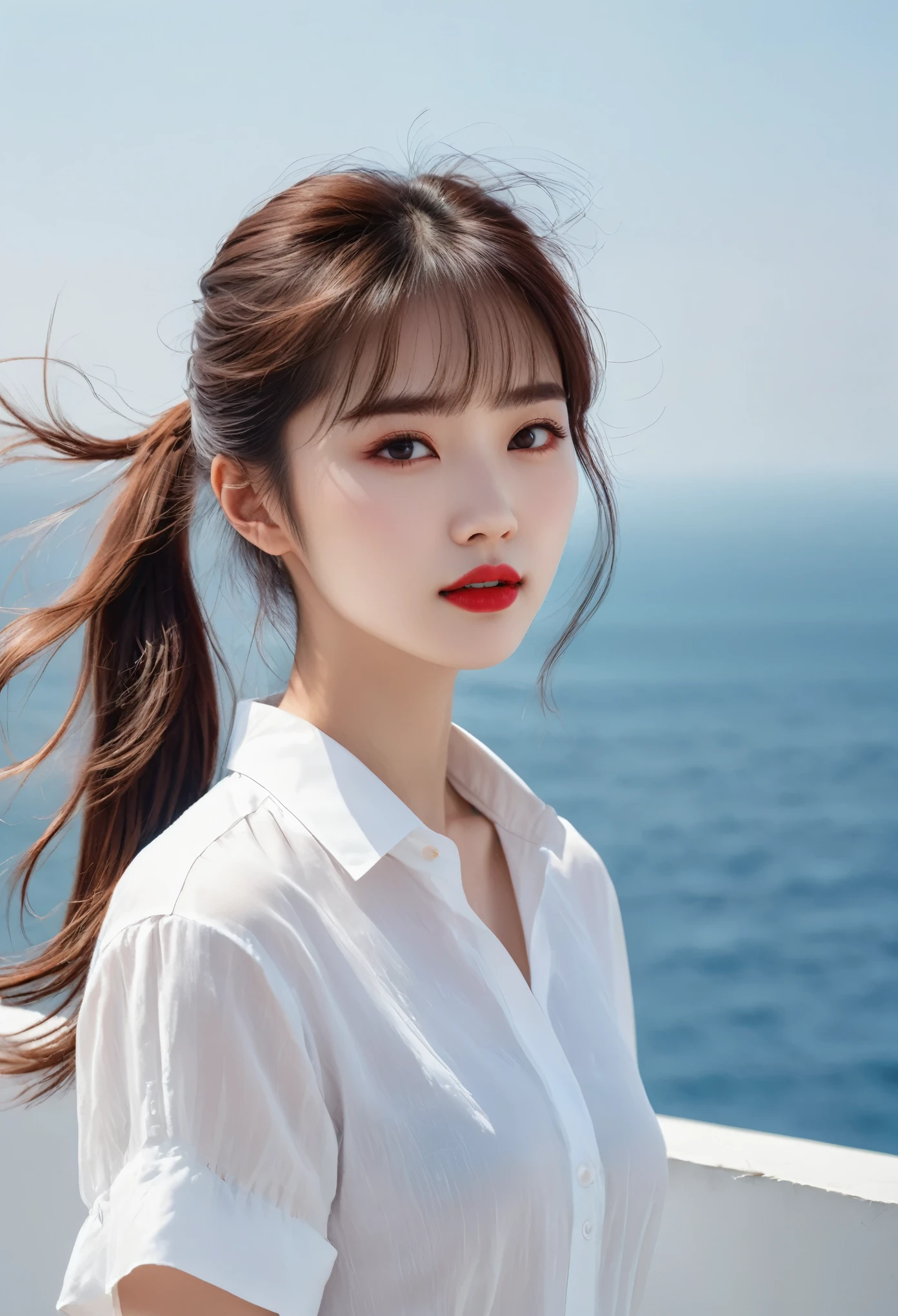 Temperament girl, Exquisite facial features, Bangs, Brown Ponytail, messy hair, The hair is very realistic, Wear a short-sleeved white shirt, Background is sky, Sea view, Du Qiong, Exquisite makeup, Pale red lips, big eyes, Double eyelids, Black Hole, Bright Eyes, Symmetrical face, The face is very real, The girl's face is carefully depicted, blush, Super high appearance, looking at the audience, Very realistic skin, Skin oil reflex, artwork, Clothes with real fabric textures, Realism, style, Photography level, Ray Tracing, Realistic lighting effects, realism, masterpiece, Like the photography effect at the top, 8K