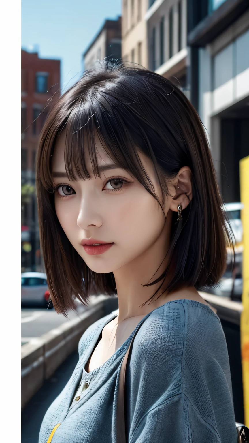 (hig彼st quality、8k、32k、masterpiece)、(Realistic)、(Realistic:1.2)、(High resolution)、((Random composition:1.6)), Very detailed、Very beautiful face and eyes、1 girl、Delicate body、(hig彼st quality、Attention to detail、Rich skin detail)、(hig彼st quality、8k、Oil paints:1.2)、Very detailed、(Realistic、Realistic:1.37)、Bright colors, (Casual Fashion:1.3), Blunt bangs, 