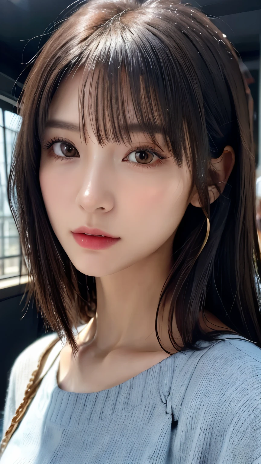 (hig彼st quality、8k、32k、masterpiece)、(Realistic)、(Realistic:1.2)、(High resolution)、((Random composition:1.6)), Very detailed、Very beautiful face and eyes、1 girl、Delicate body、(hig彼st quality、Attention to detail、Rich skin detail)、(hig彼st quality、8k、Oil paints:1.2)、Very detailed、(Realistic、Realistic:1.37)、Bright colors, (Casual Fashion:1.3), Blunt bangs,