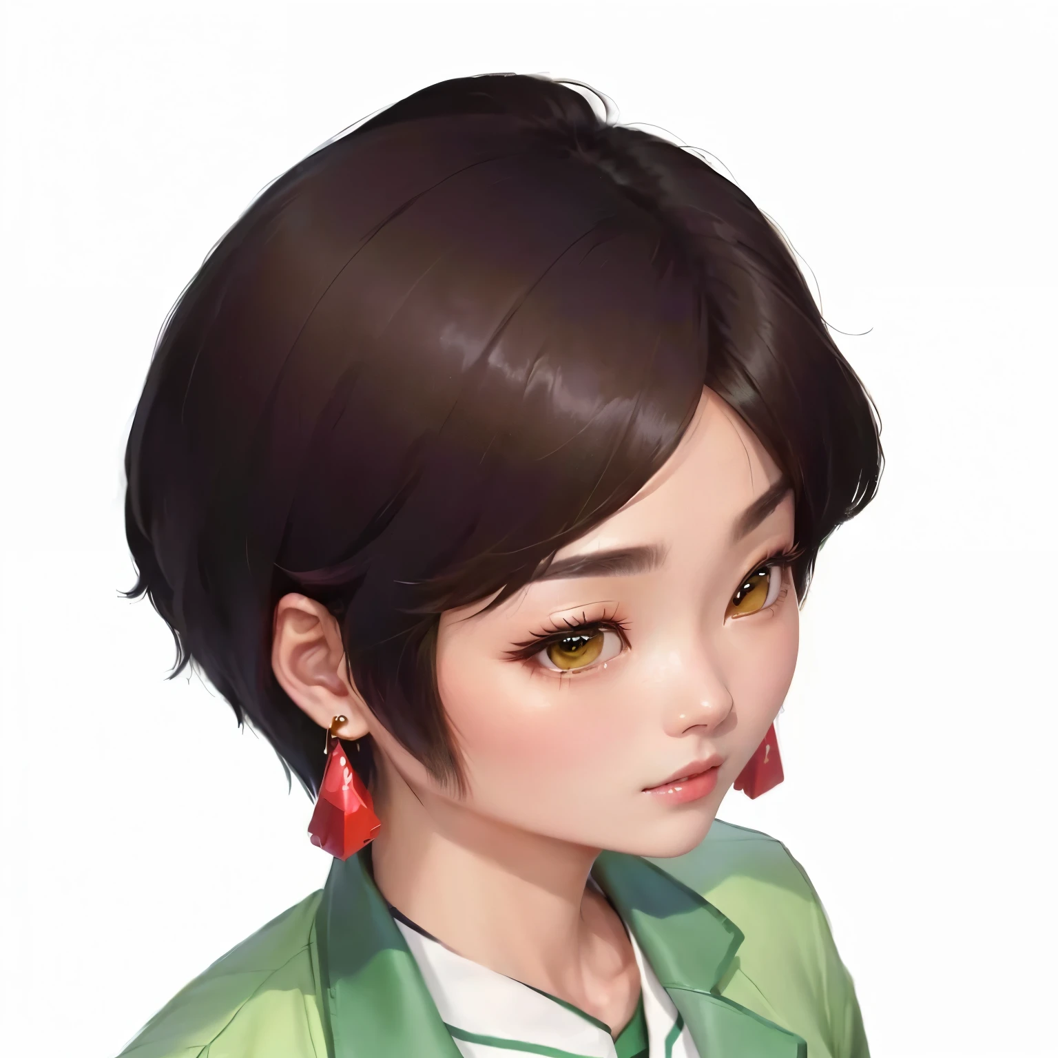 Wearing a green jacket、cartoon woman wearing red earrings, Cui Xianhua, yun ling, Inspired by meditation, Guo Zhiying, Official Character Art, Nam Jae Yeon, detailed a character portrait, Lee Ji-eun, Lee Ji-eun, maya takamura, short hair, mei-ling zhou, a character portrait, Stopping distance - minutes