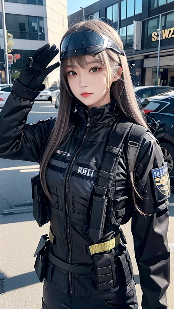 Police soldier woman, swat vest, black gloves, swat helmet head, behind long hair, ninja full mask, grip assault ak74,