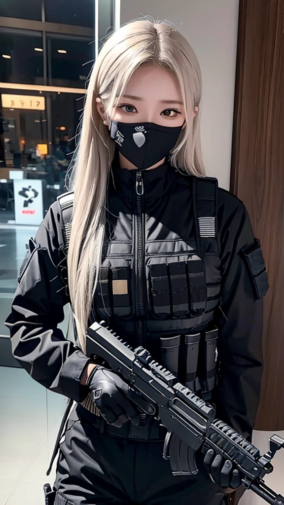Police soldier woman, swat vest, black gloves, swat helmet head, behind long hair, ninja full mask, grip assault ak74,