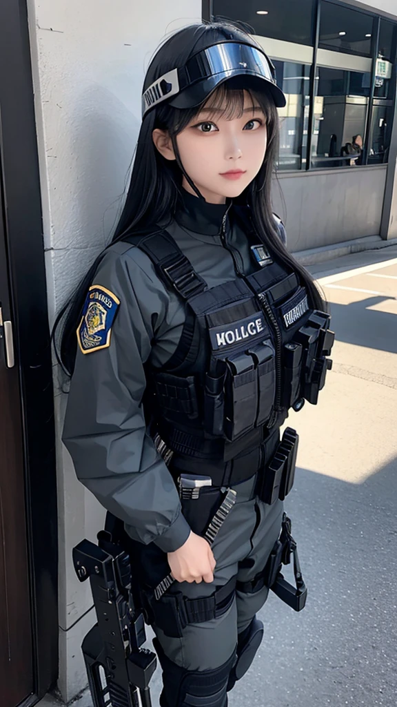 Police soldier woman, swat vest, black gloves, swat helmet head, behind long hair, ninja full mask, grip assault ak74,