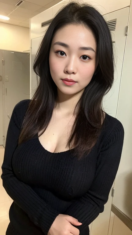 highest quality,masterpiece,Ultra-high resolution,(Realistic:1.4),Beautiful lighting, (Highly detailed CG Unity 8k wallpaper), Beautiful face in every detail,Detailed clothing, 50mm portrait photography, No background、One Girl,Big black eyes, cute, young, Pause, Facial Lighting, Physically Based Rendering,Written boundary depth , Black Hair, short hair, ((Take from above)), Japanese women、20-year-old、(Knitted sweater)、(Big Breasts)、(Upper Body)、Young and beautiful woman taking a selfie, Taken with iPhone camera、In front of the locker