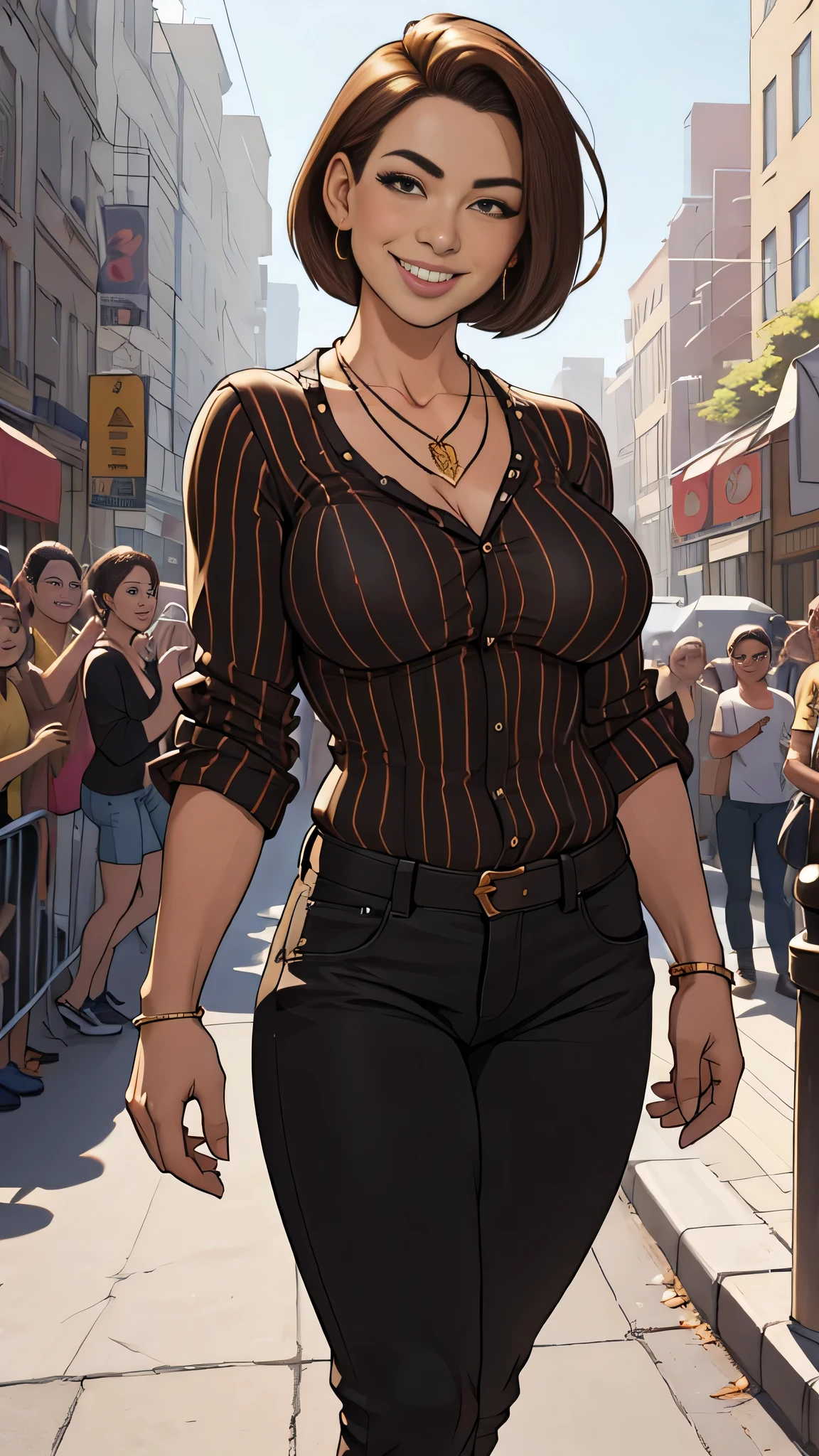 ((highest quality)), (tmasterpiece,A high resolution,best qualtiy:1.2),8K, (detailed), solo,Perfect Face,1 Girl, Breasts, Jewelry,Necklace, Brown Hair, Smile, Shirt, Walk, Striped Shirt, black shirt,Striped, Short Hair, Big Breasts, Leaning Forward, Realistic, Audience, Pants, Looking at Lips, Mouth laugh distortedly