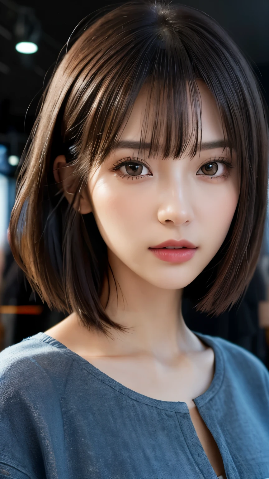 (hig彼st quality、8k、32k、masterpiece)、(Realistic)、(Realistic:1.2)、(High resolution)、((Random composition:1.6)), Very detailed、Very beautiful face and eyes、1 girl、Delicate body、(hig彼st quality、Attention to detail、Rich skin detail)、(hig彼st quality、8k、Oil paints:1.2)、Very detailed、(Realistic、Realistic:1.37)、Bright colors, (Casual Fashion:1.3), Blunt bangs,