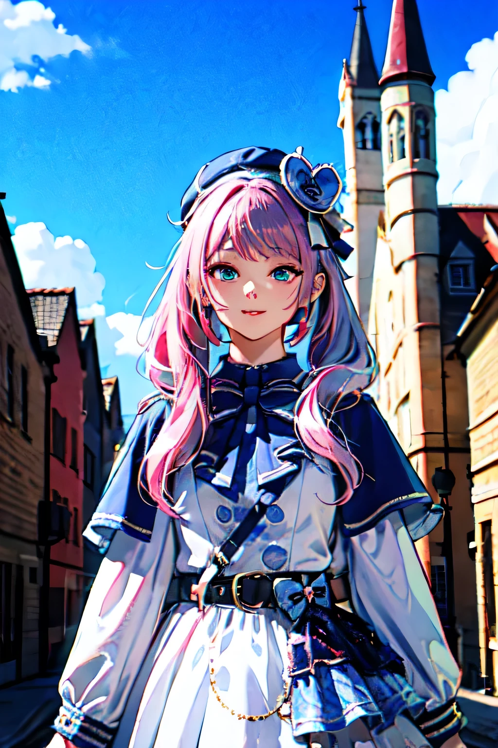 (masterpiece, best quality, beautiful and aesthetic:1.3), upper body, portrait, looking at viewer, 1girl, solo, light smile, (pink hair), very long hair, cyb dress, capelet, long sleeves, belt, bow, bowtie, hat, headwear, standing, shiny skin, beautiful face, beautiful eyes, outdoors, castle, blue sky, clouds, extreme detailed, official art, professional illustration, hires, 