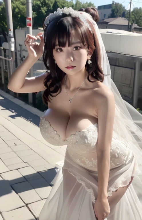 (((Pixel Perfect, Perfect details))), Solitary, 1 girl，bride, Yuigahama Yui,  美丽bride穿美麗婚紗的特写,Gurwitz, (((bride頭紗)))，（Transparent short veil），blush，Eyeshadow，blush，Head flower，have，((bouquet))，((((Strapless wedding dress))))(((Large Breasts、Low-cut，Cleavage, Wide hips,)))((Long legs)),Hourglass figure))，(((Strapless Wedding Dress))),(Bare shoulders)，Plain white dress，(necklace)，((earrings))，(Large Breasts:1.3)，Bangs，lipstick，((White Elbow Long Gloves)),whole body照,High detail RAW color art,White long skirt，whole body,旁邊have一條鐵軌，(Stand on the railroad tracks:1.3),18 years old, （Long twin tails：1.5）,(Twice as good:1.5), Black Hair