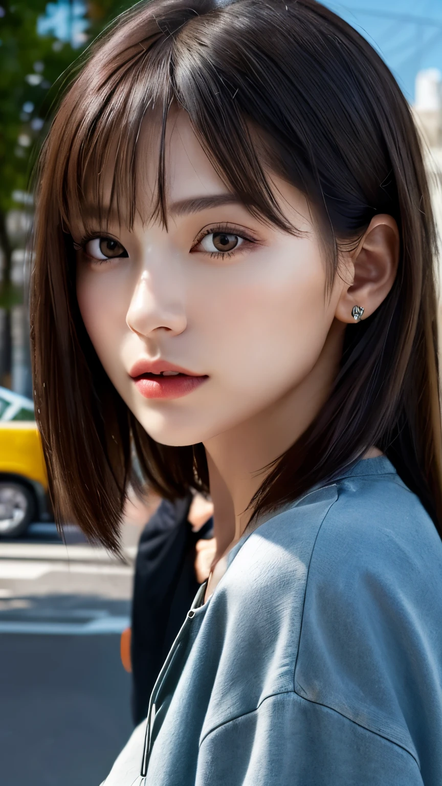 (hig彼st quality、8k、32k、masterpiece)、(Realistic)、(Realistic:1.2)、(High resolution)、((Random composition:1.6)), Very detailed、Very beautiful face and eyes、1 girl、Delicate body、(hig彼st quality、Attention to detail、Rich skin detail)、(hig彼st quality、8k、Oil paints:1.2)、Very detailed、(Realistic、Realistic:1.37)、Bright colors, (Casual Fashion:1.3), Blunt bangs,