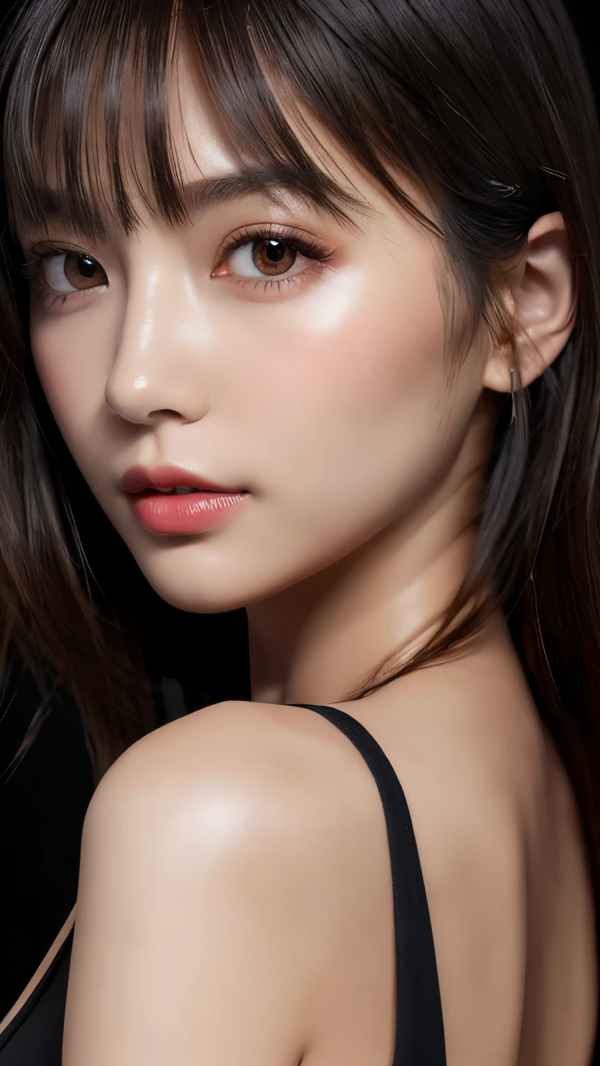 (hig彼st quality、8k、32k、masterpiece)、(Realistic)、(Realistic:1.2)、(High resolution)、((Random composition:1.6)), Very detailed、Very beautiful face and eyes、1 girl、Delicate body、(hig彼st quality、Attention to detail、Rich skin detail)、(hig彼st quality、8k、Oil paints:1.2)、Very detailed、(Realistic、Realistic:1.37)、Bright colors, (Casual Fashion:1.3), Blunt bangs, 