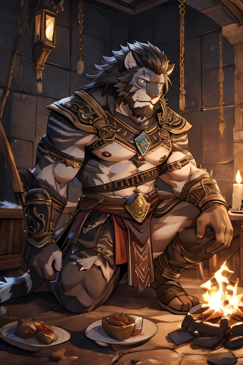 gray tall wolf、gray fur wolf、wolf face and body、massive、lower abdomen swollen with fat、Abdomen swollen to a huge size as if pregnant、Abdomen about to burst、silver mane、Belly so hairy that you can't see the skin、large amount of pubic hair、Hair around the navel、Overflowing armpit hair、golden eyes、huge bulge in the crotch、Crotch about to burst、A large amount of drool overflowing from the mouth、lying down pose、butt touching the floor、Composition looking down from above、drenched whole body、a large amount of spilled milk、very large amount of white slime、angry look、A white loincloth that is about to be taken off、gold necklace、jewelry bangles、decorative armor、Huge penis outline、Temple Background、sparkling effect