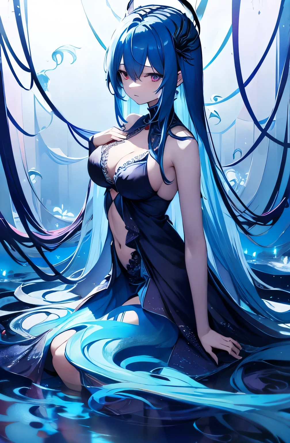 Blue spider lily, demon girl, big body, light blue hair, long hair, side-parted bangs