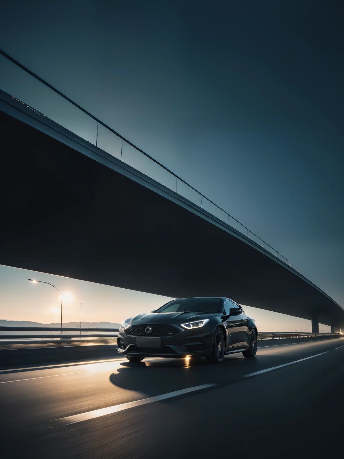 Car as a whole,highway,extend,Technology,Futuristic,Dark Gray,Delicate texture,Smooth lines,Natural scenery background,sunny,HD