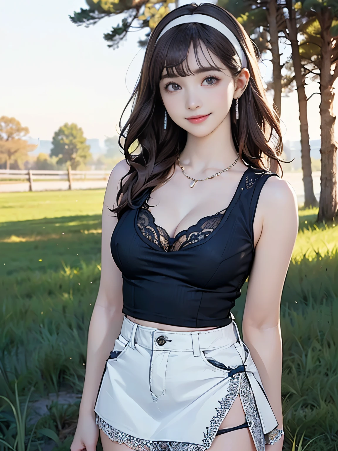 ((((highest quality))))、(((Ultra-precision CG16K wallpaper)))、(((masterpiece)))、(((Super detailed)))、(((Extreme detail)))、((1Mature 29 year old woman:1.6))、((Very beautiful Japanese faces))、((Zuo々Nozomi:1.5))、((Straight medium hair、blunt bangs:1.5))、(Shiny brown hair)、Beautiful delicate eyes、Brown Eyes、eyeliner、Eyeshadow、High nose、Small nostrils、Small Mouth、Seductive lips、Beautiful breasts、((C cup size breasts))、Cleavage、Beautiful feet、eight-headed body、Perfect proportions、Perfect Anatomy、Perfect composition、Beautiful detailed shading、Beautiful, natural lighting、Beautiful detail glow、Depth of written boundary、(((High chroma)))、(((Real:1.9)))、((vivid:1.5))、((Beautiful Skin))、((Skin Texture))、((Realな皮膚感))、(((Cowboy Shot:1.6)))、((front view、shoot from front、Front low angle:1.6))、(((smile:1.6)))、((The woman is looking at this、looking at viewer、Facing forward:1.6))、Bright daylight、Natural light、(((Grass Square、Trees:1.5)))、(Walking Pose:1.6)、(((Navy blue lace tank top、White slit miniskirt clothing:1.6)))、((Wide Hair Band、Earrings、Wearing a necklace:1.5))、