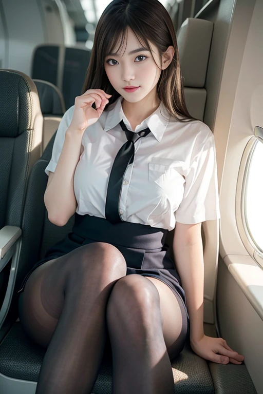 Sexy 25 year old Japan woman in stewardess uniform、jaw-dropping beauty、Wear ultra-realistic pantyhose、Sit on the plane with your legs crossed、A smile、high-heels、game_nffsw, masutepiece, Best Quality, Photorealsitic, Raw photo、8K, High resolution, Detailed skin, 8K UHD, Digital SLR, Soft lighting, High quality, Film grain, FujifilmXT3, realistic skin textures、shinny skin、Exposed thighs!!!