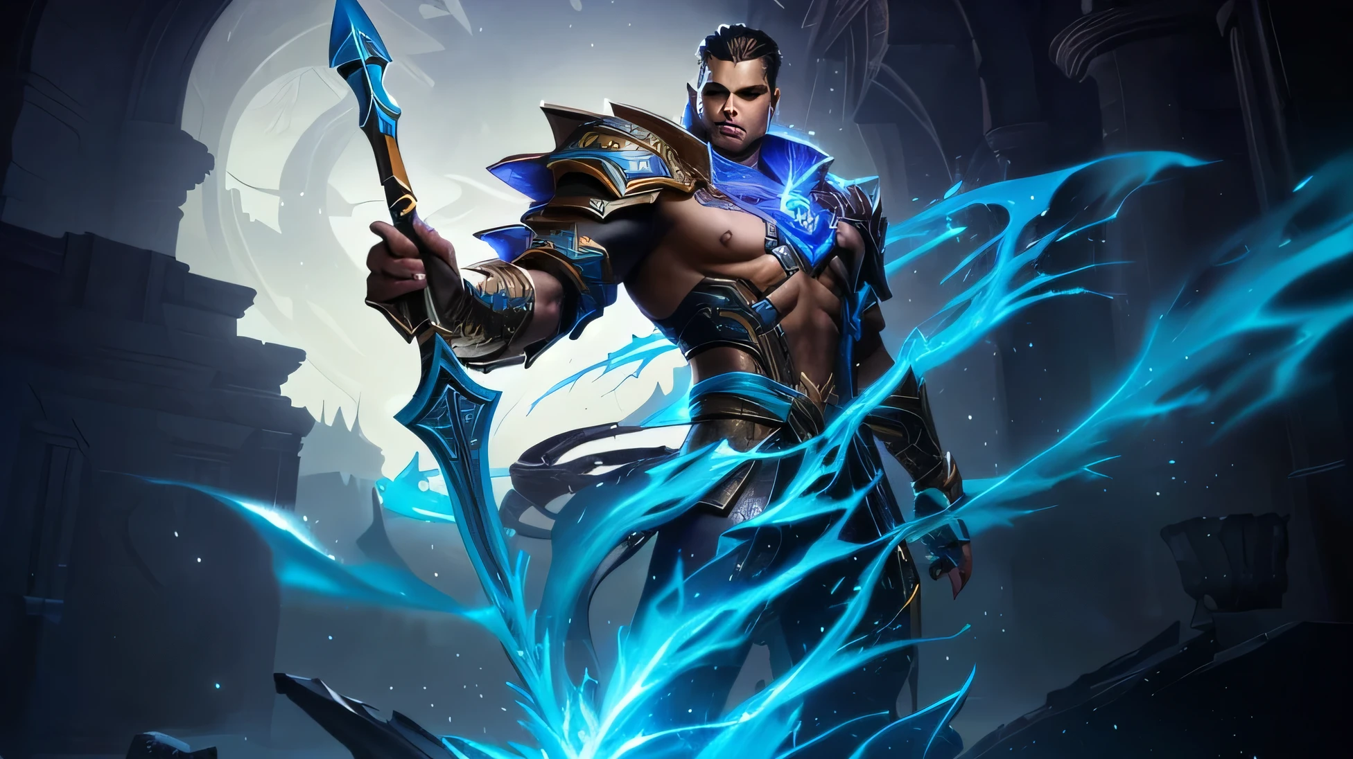 Handsome boy, splash art, legendary god holding spear, iconic character splash art,