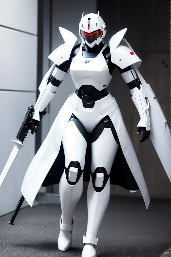 Woman in white holding a sword, Mecha iron white future armor clean modern simple elegant, Porcelain armor, Sci-fi female soldier