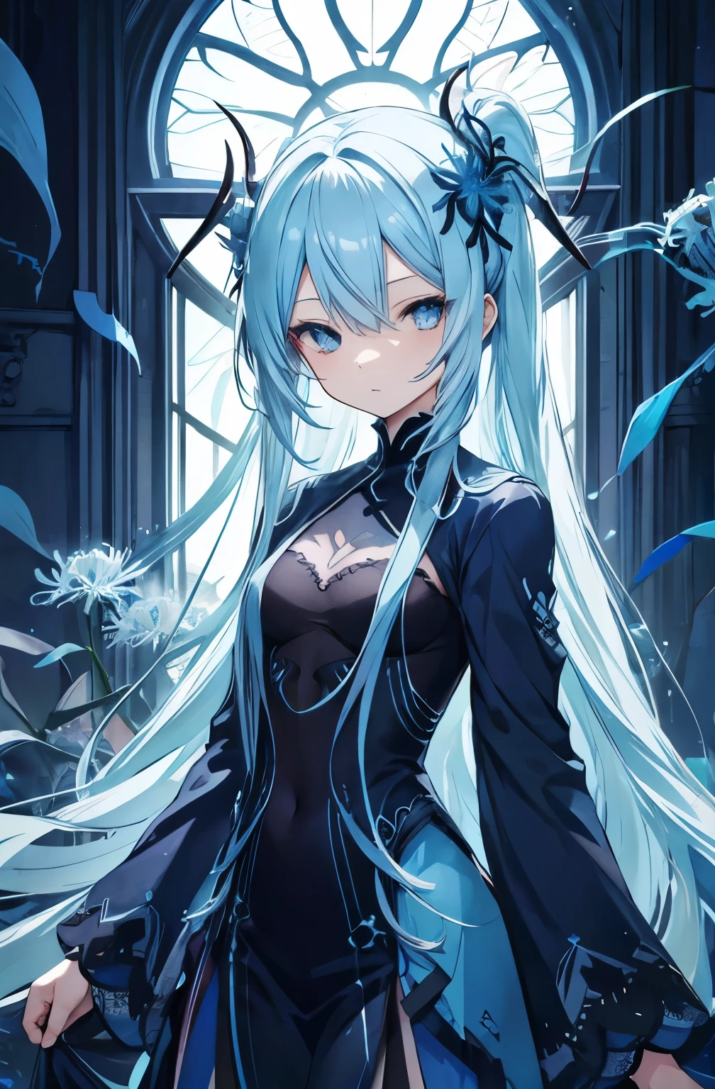 Blue spider lily, demon girl, big body, light blue hair, long hair, side-parted bangs