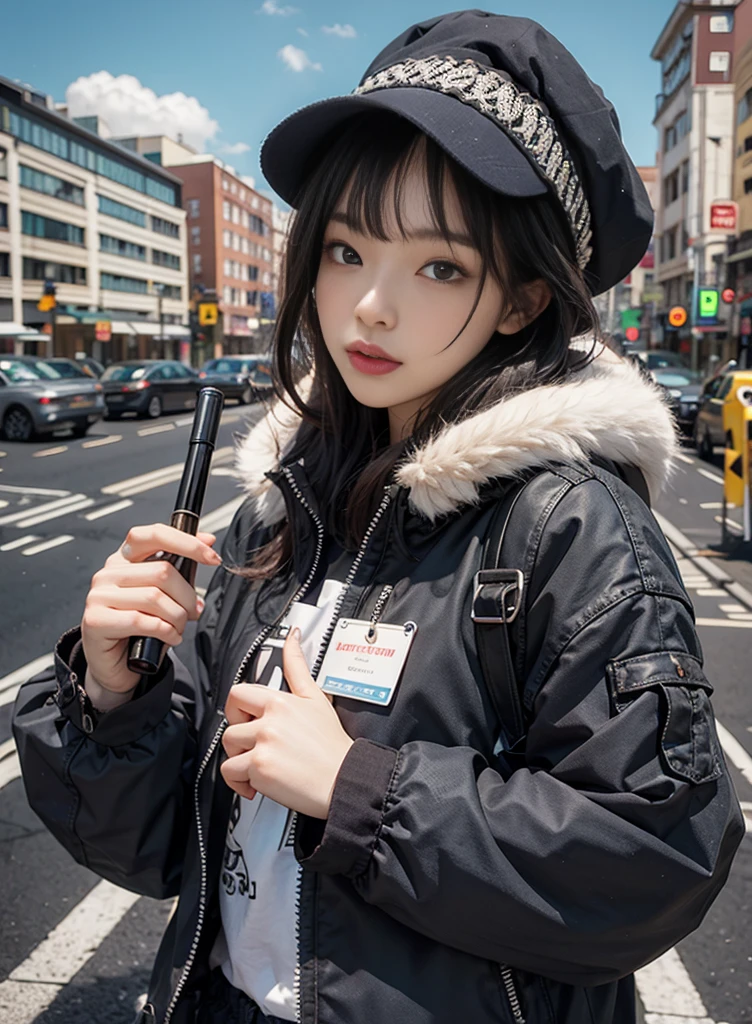 (8K, RAW Photos, Highest quality, masterpiece:1.3), (professional photography, full colors, studio-caliber color grading), (Gravure quality for high-end fashion magazines), close up, BREAK, (1 female police officer:1.5), 25 year old girl,(perfect long ponytail:1.1), crying a little, Harajuku style, Big Natural Color Lip, (Plumpy body:1.2), (smooth skin:1.1), (huge breasts:1.1), (expresses the roundness and softness of the chest area..1.1), (Emphasize body line:1.1),  BREAK (Wear a thick, large fur coat and a turtleneck knit elegantly:1.3 BREAK winter, snow scene, snowing, (Walking in the snow in Norway:1.1
