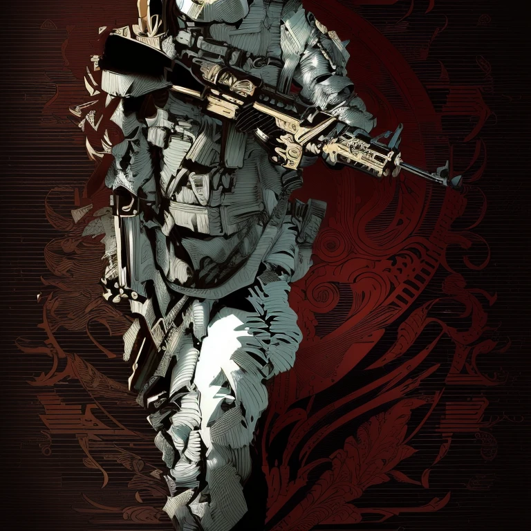 Drawing of a soldier with a rifle and helmet, Vector ink drawing, Complex Line Drawing, intricate ink drawings, Exquisite digital art, Complex Line Drawings, Intricate picture, Complex illustration, Highly detailed line art, Beautifully inked, detailed line drawings, Very exquisite artwork, Highly detailed art, Engraved vector image, Thick vector line art, Exquisitely detailed digital art, Complex concept art