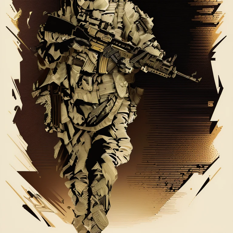 Drawing of a soldier with a rifle and helmet, Vector ink drawing, Complex Line Drawing, intricate ink drawings, Exquisite digital art, Complex Line Drawings, Intricate picture, Complex illustration, Highly detailed line art, Beautifully inked, detailed line drawings, Very exquisite artwork, Highly detailed art, Engraved vector image, Thick vector line art, Exquisitely detailed digital art, Complex concept art