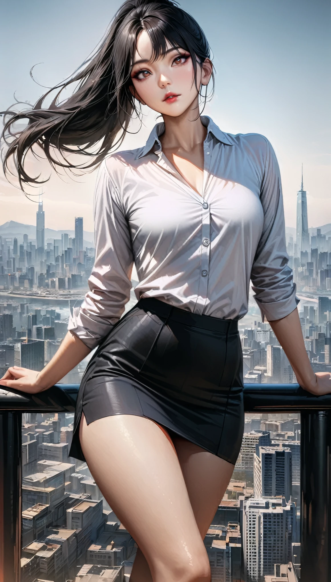 Masterpiece, highest quality, ultra detailed, realistic, beautiful korean woman, almond eyes, perfect makeup, black hair, tight ponytail, slender body, long legs, sophisticated top, button up shirt, skirt, city background