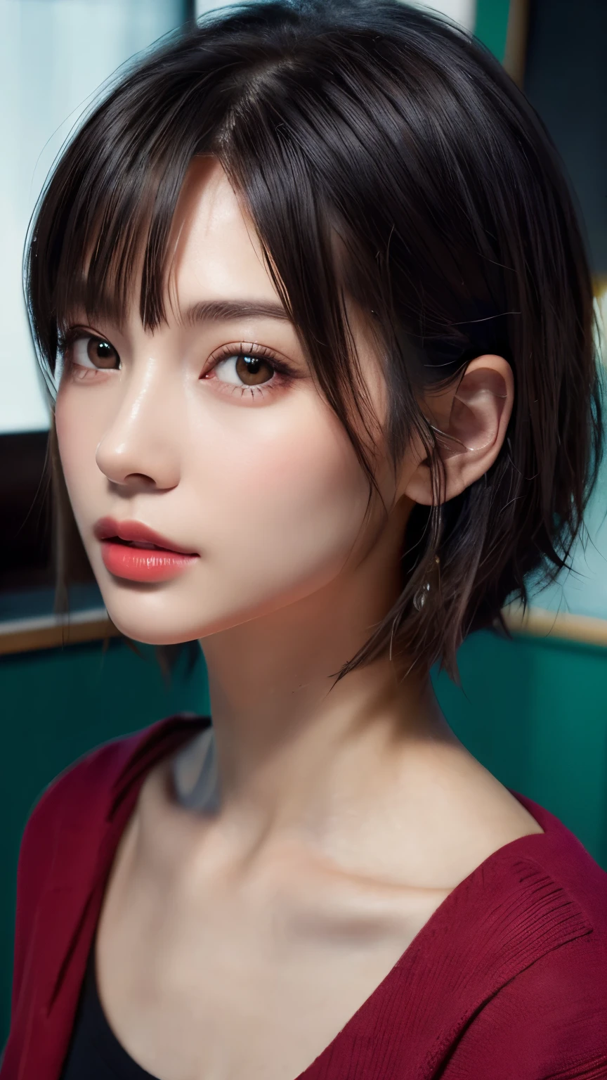 (hig彼st quality、8k、32k、masterpiece)、(Realistic)、(Realistic:1.2)、(High resolution)、((Random composition:1.6)), Very detailed、Very beautiful face and eyes、1 girl、Delicate body、(hig彼st quality、Attention to detail、Rich skin detail)、(hig彼st quality、8k、Oil paints:1.2)、Very detailed、(Realistic、Realistic:1.37)、Bright colors, (Casual Fashion:1.3), Blunt bangs,