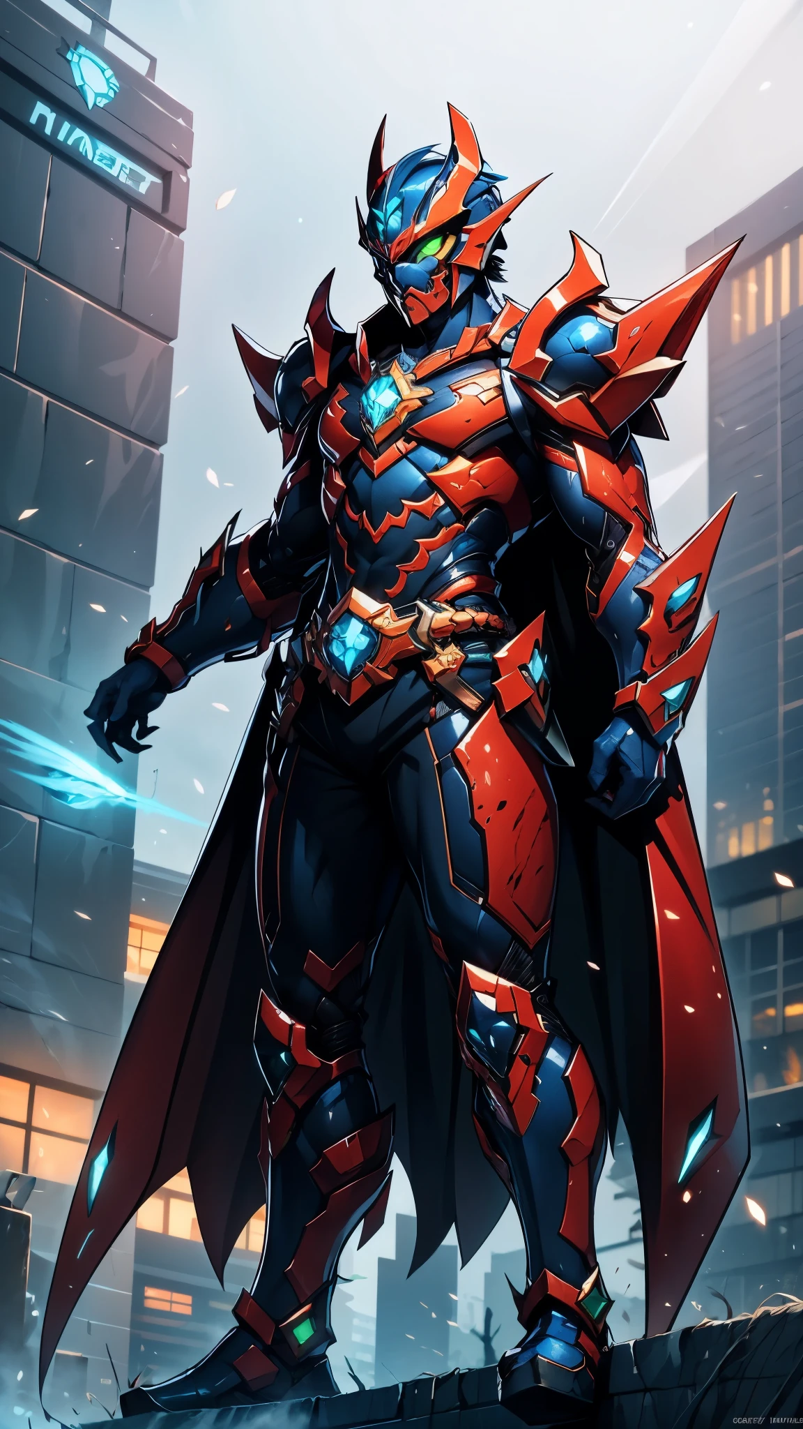 A man wearing a full-face helmet, a fantasy-style biotech armored combat suit, green eyes, (a composite layered chest armor), fully enclosed shoulder guards, matching arm and leg guards, the belt is adorned with fangs biting into gemstone, (the color scheme is primarily blue with black and red accents), the design balances heavy with agility, a high-tech bio-mecha armor, (Armor Concept Inspired by Vampire, the huge cape fluttering in the wind, stand on the top of a skyscraper in a futuristic sci-fi city), this character embodies a finely crafted fantasy-surreal style armored hero in anime style, exquisite and mature manga art style, (battle damage, element, blood, plasma, energy, the armor glows), ((male:1.5)), metallic, real texture material, dramatic, high definition, best quality, highres, ultra-detailed, ultra-fine painting, extremely delicate, professional, perfect body proportions, golden ratio, anatomically correct, symmetrical face, extremely detailed eyes and face, high quality eyes, creativity, RAW photo, UHD, 32k, Natural light, cinematic lighting, masterpiece-anatomy-perfect, masterpiece:1.5